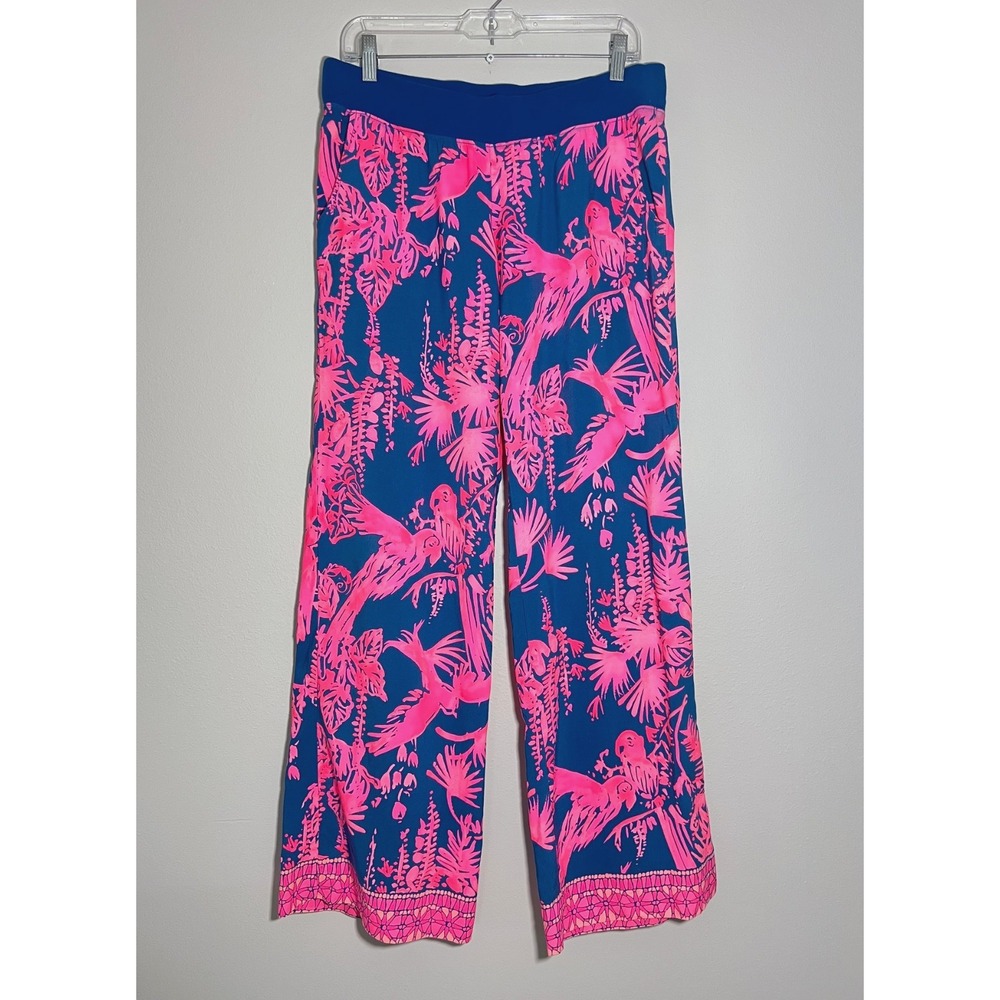 Lilly Pulitzer Seaside Beach Pants Night Caw Blue Pink Wide Leg Tropical Size M
